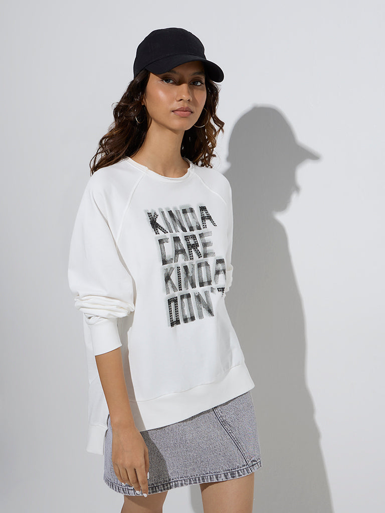 Nuon White Text Design Cotton Sweatshirt