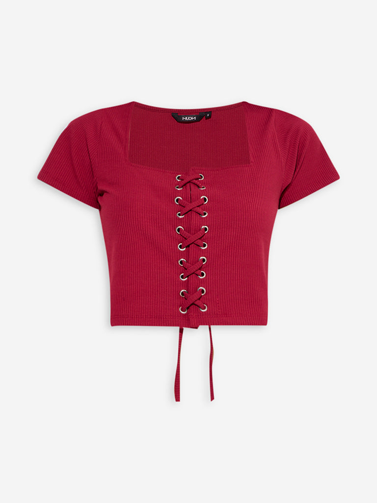 Westside Nuon Women's Red Criss-Cross Detailed Ribbed Top for Casual Wear Flatly View