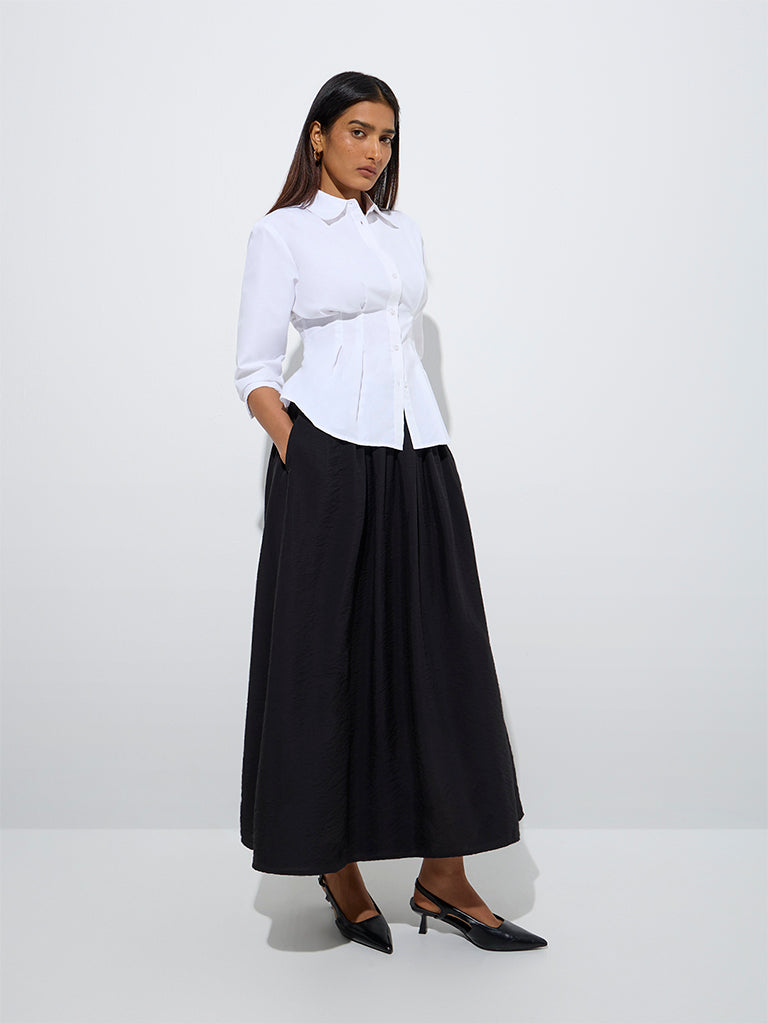 Westside Wardrobe Women's White Pintuck Design Cotton-Blend Shirt for Work Wear Full Model View