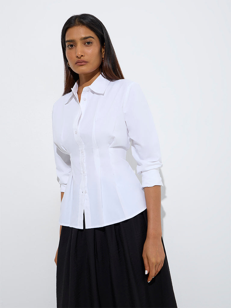 Westside Wardrobe Women's White Pintuck Design Cotton-Blend Shirt for Work Wear Front View
