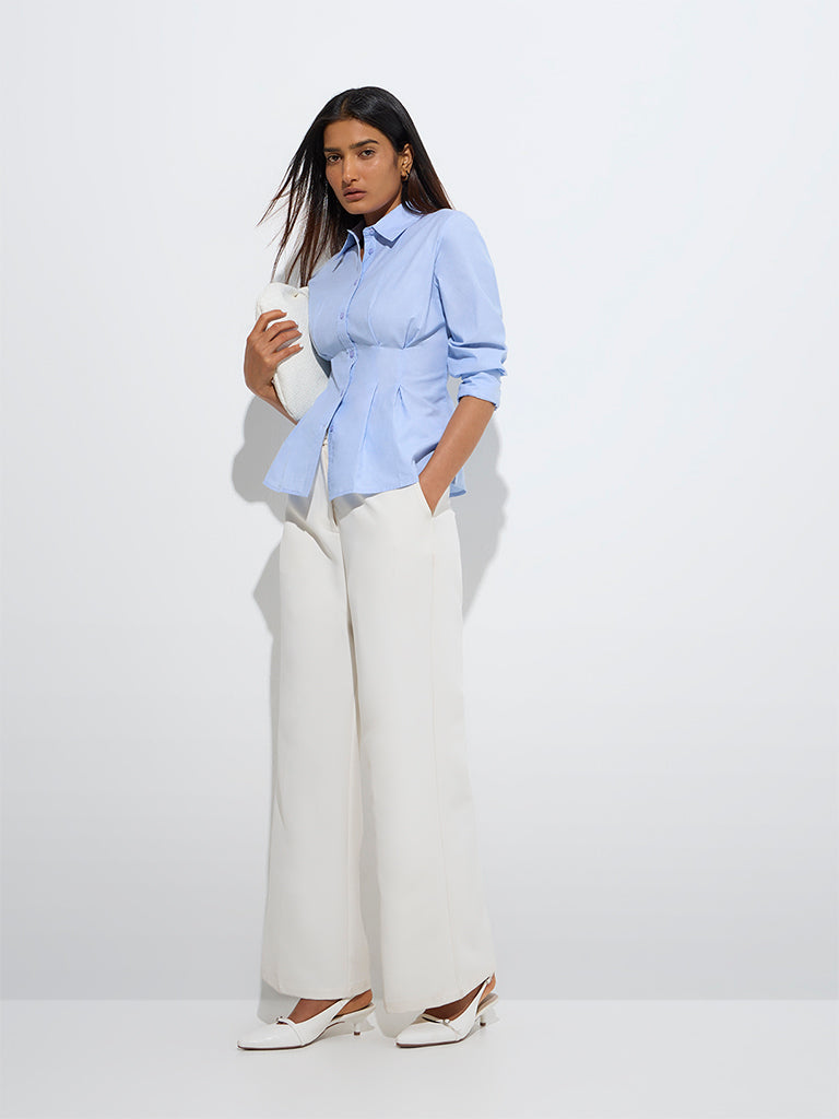 Westside Wardrobe Women's Blue Pintuck Design Cotton-Blend Shirt for Work Wear Full Model View
