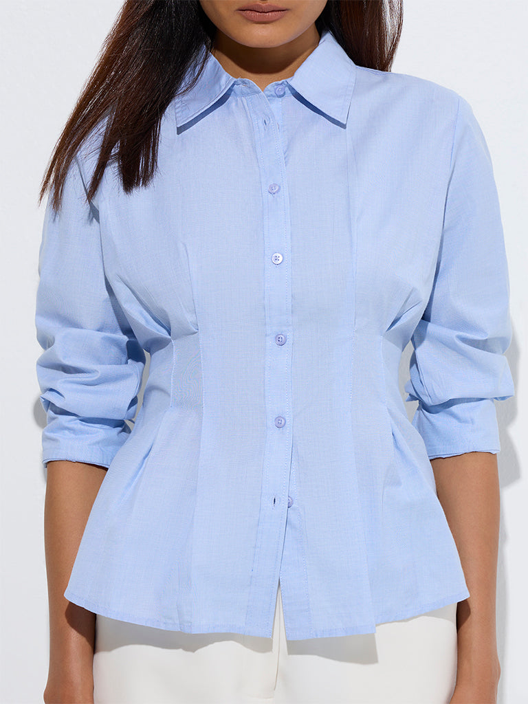 Westside Wardrobe Women's Blue Pintuck Design Cotton-Blend Shirt for Work Wear Zoom View