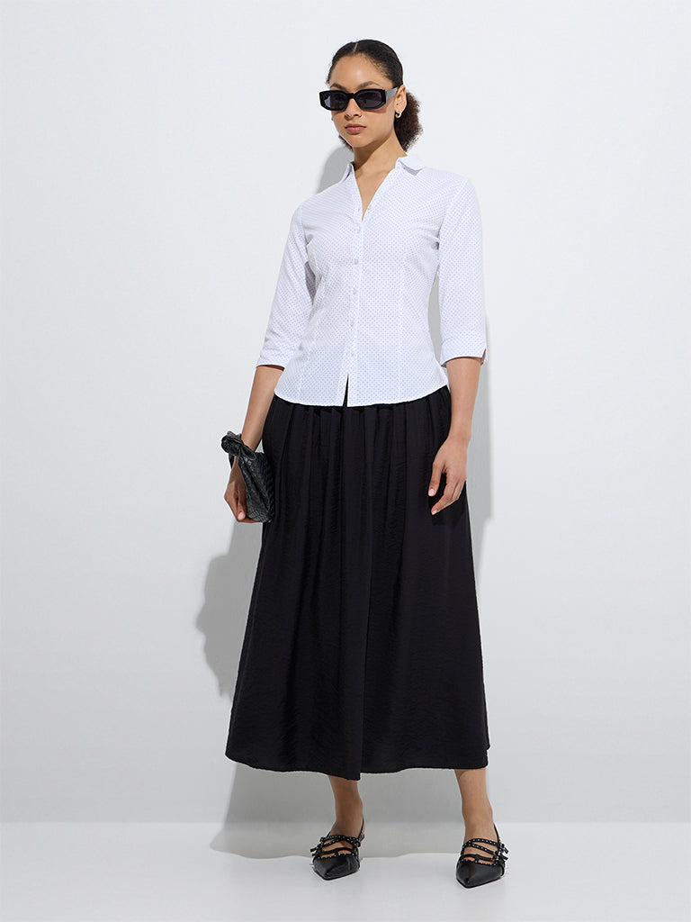 Westside Wardrobe Women's White Polka Dot Design Shirt for Work Wear Full Model View