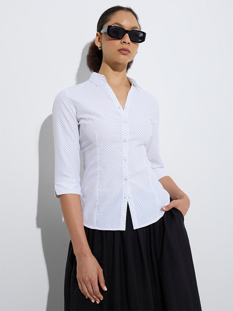 Westside Wardrobe Women's White Polka Dot Design Shirt for Work Wear Front View