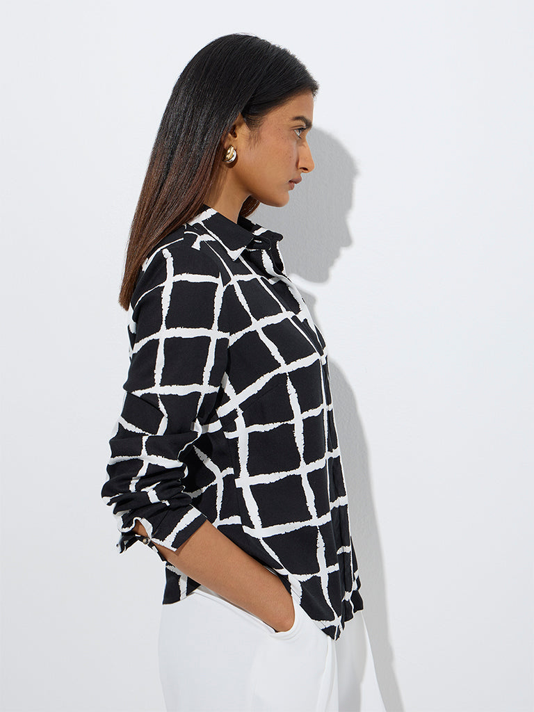 Westside Wardrobe Women's Black Checks Printed Shirt for Work Wear Front View