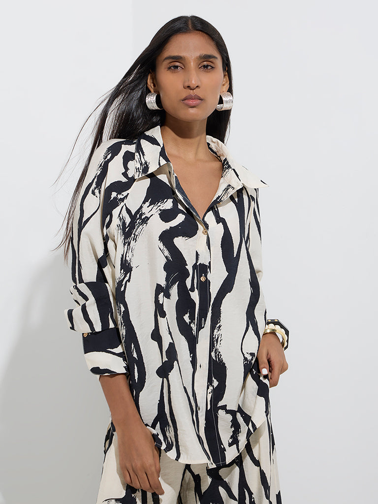 Westside Wardrobe Women's Off-White Abstract Design Cotton Shirt for Work Wear Front View