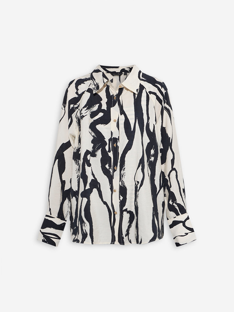 Westside Wardrobe Women's Off-White Abstract Design Cotton Shirt for Work Wear Flatly View