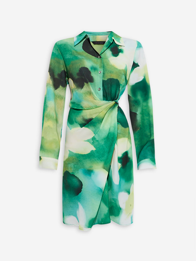 Westside Wardrobe Women's Green Abstract Pattern Wrap Dress for Work Wear Flatly View