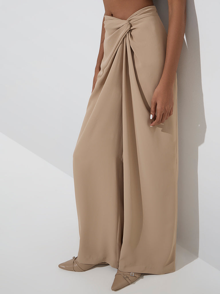 Wardrobe Beige Knot-Detailed High-Rise Trousers