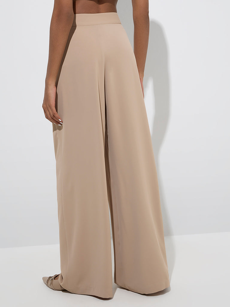 Wardrobe Beige Knot-Detailed High-Rise Trousers