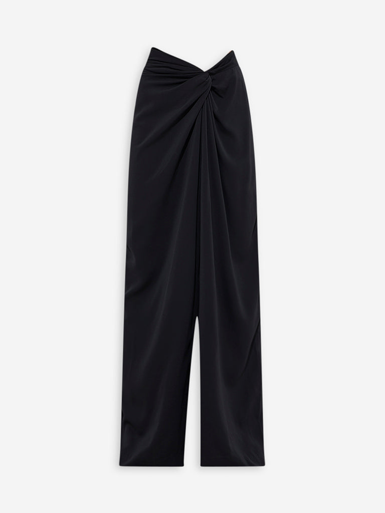 Westside Wardrobe Women's Black Knot-Detailed High-Rise Trousers for Work Wear Flatly View