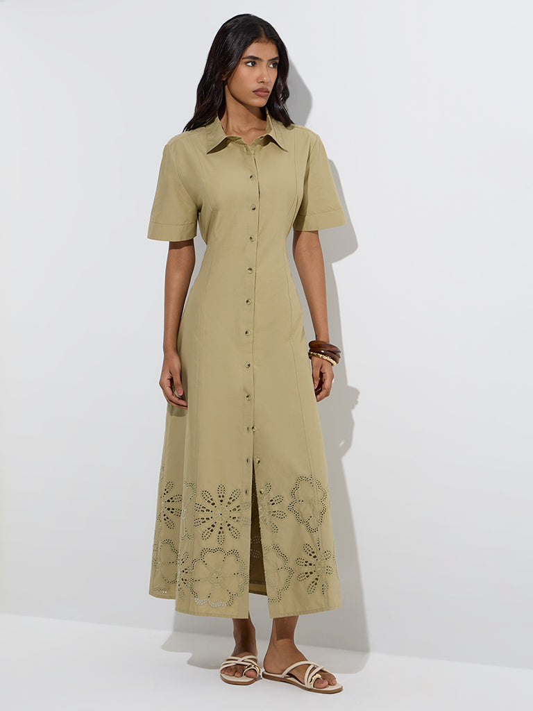 Westside LOV Women's Khaki Schiffli Detailed Cotton Shirt Dress for Casual Wear Front View