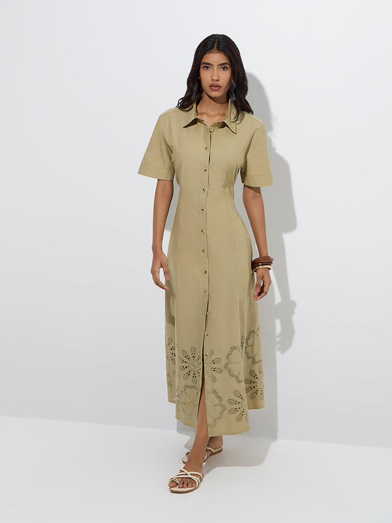 Westside LOV Women's Khaki Schiffli Detailed Cotton Shirt Dress for Casual Wear Full Model View