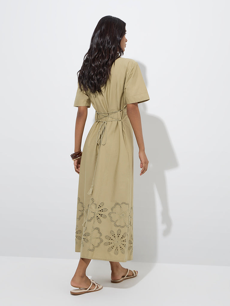 Westside LOV Women's Khaki Schiffli Detailed Cotton Shirt Dress for Casual Wear Back View
