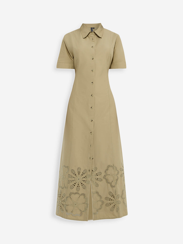 Westside LOV Women's Khaki Schiffli Detailed Cotton Shirt Dress for Casual Wear Flatly View
