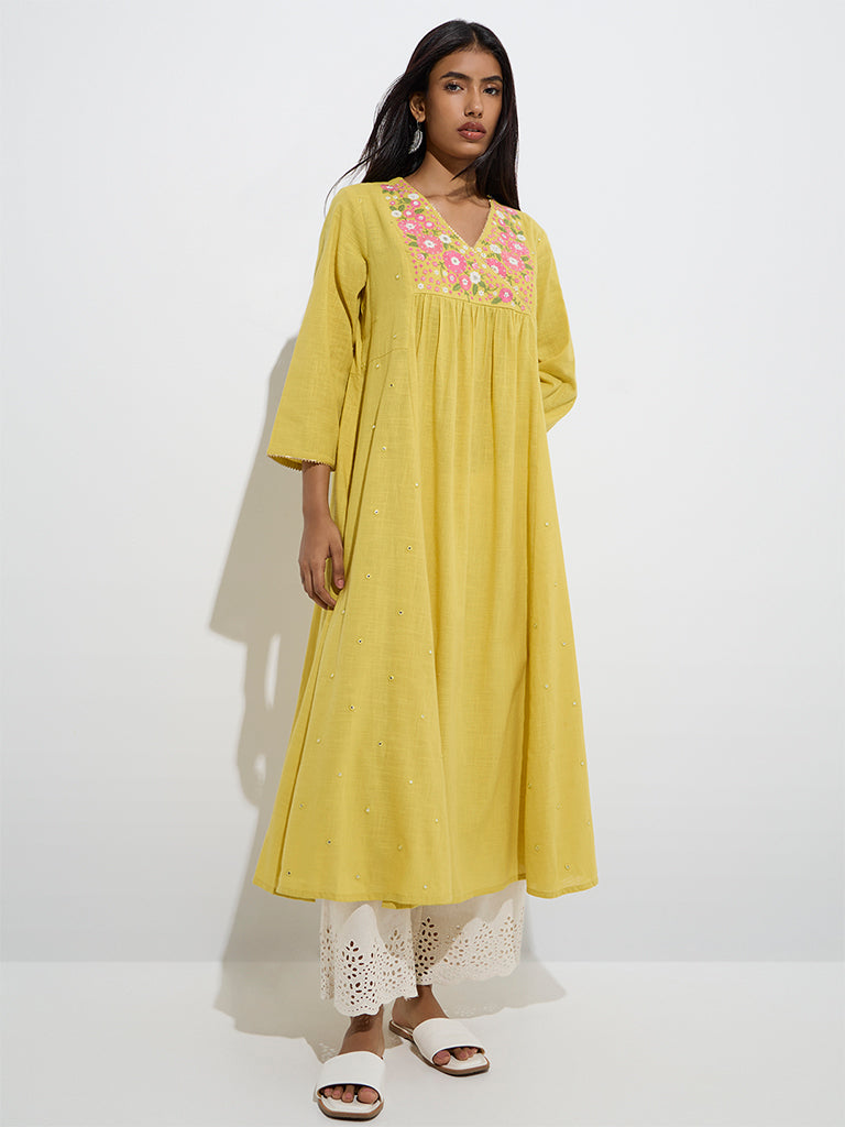 Westside Utsa Women's Yellow Floral Embroidered Fit-and-Flare Cotton Kurta for Work Wear Front View