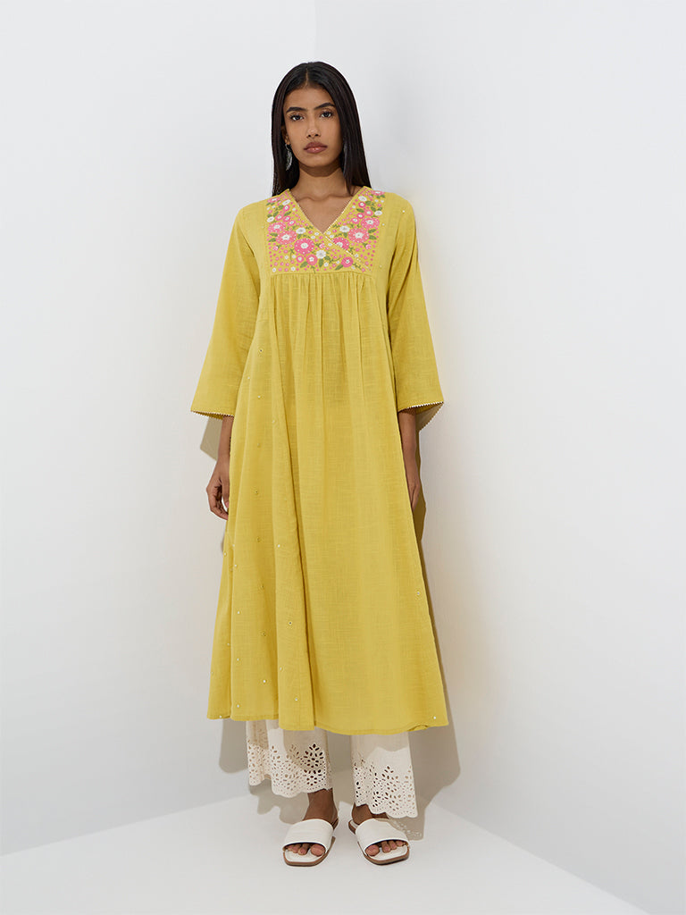 Westside Utsa Women's Yellow Floral Embroidered Fit-and-Flare Cotton Kurta for Work Wear Full Model View