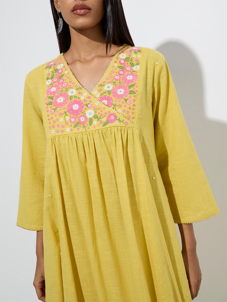 Westside Utsa Women's Yellow Floral Embroidered Fit-and-Flare Cotton Kurta for Work Wear Zoom View
