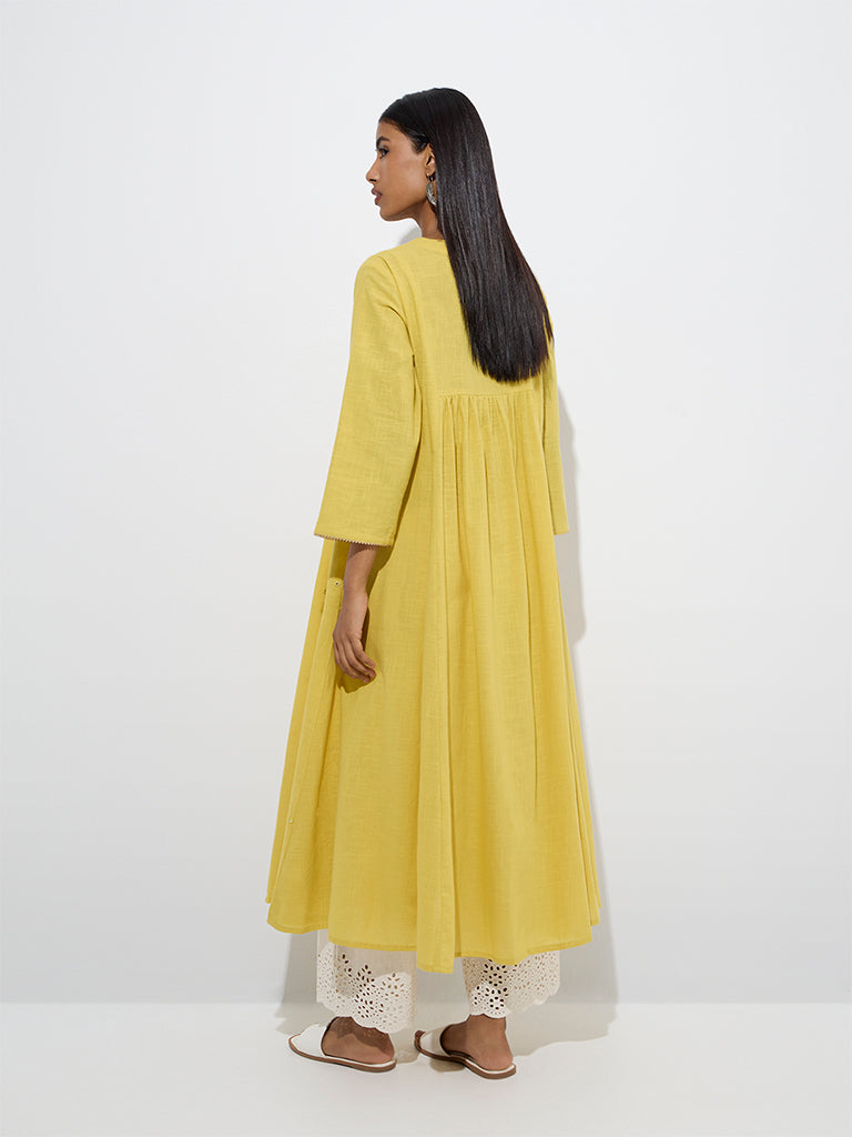 Westside Utsa Women's Yellow Floral Embroidered Fit-and-Flare Cotton Kurta for Work Wear Back View
