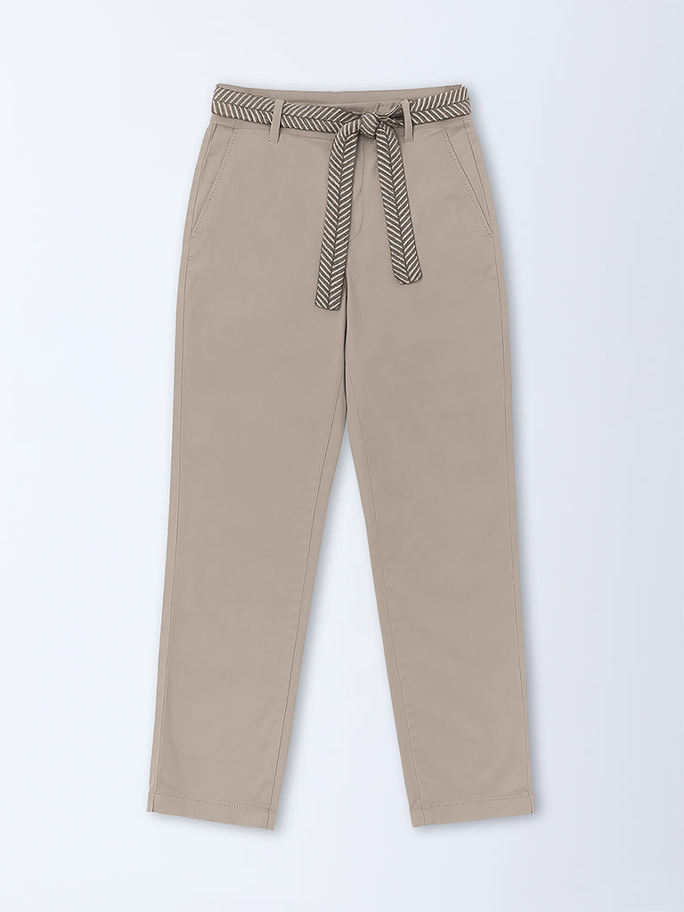 Westside Gia Women's Beige Solid High-Rise Cotton-Blend Pants with Belt for Casual Wear Flatly