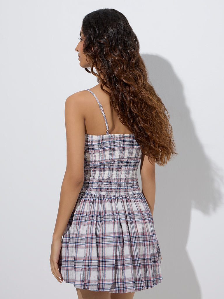 Westside Nuon Women's Multicolour Checkered Cotton A-Line Dress for Casual Wear Back View