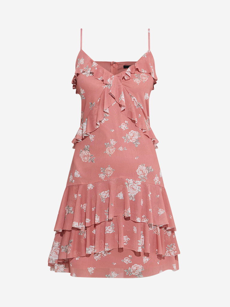 Westside Nuon Women's Dusty Coral Floral Design Ruffled A-Line Dress for Casual Wear Flatly View