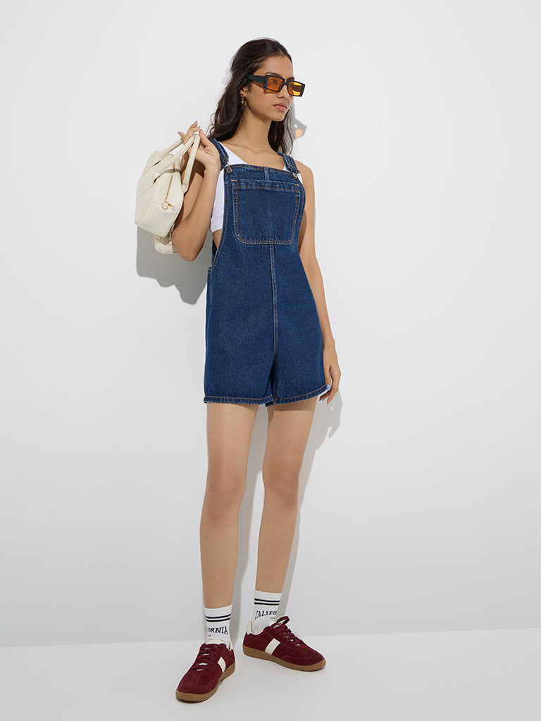 Westside Nuon Women's Dark Blue Denim Dungaree for Casual Wear Full Model View