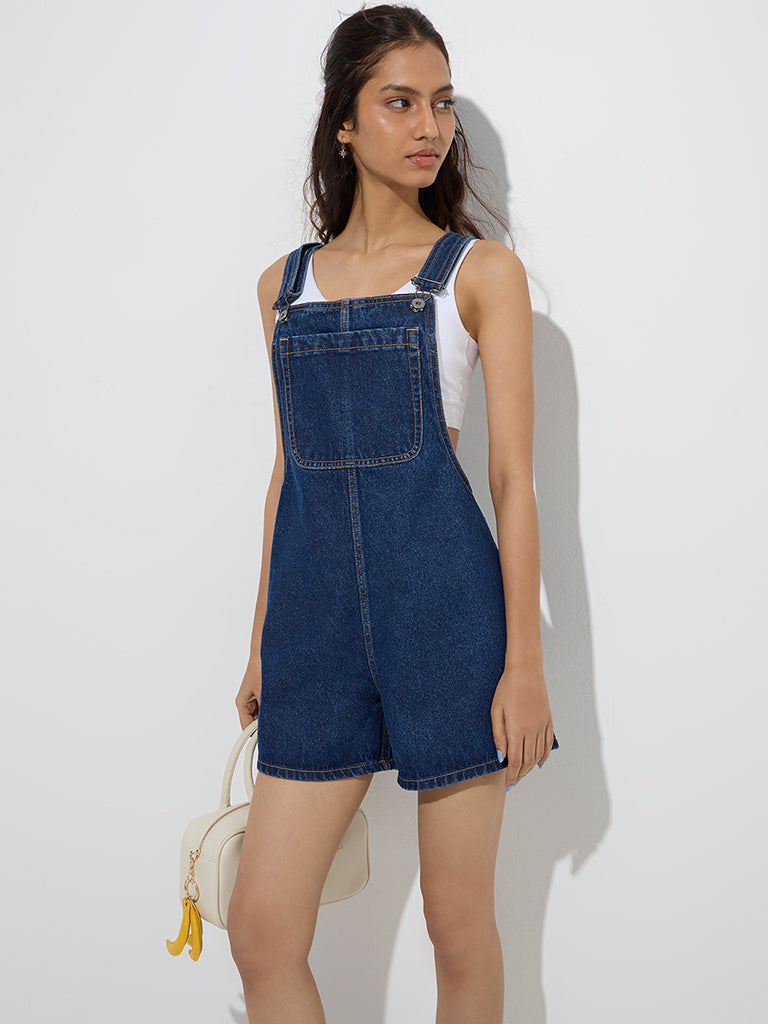 Westside Nuon Women's Dark Blue Denim Dungaree for Casual Wear Front View