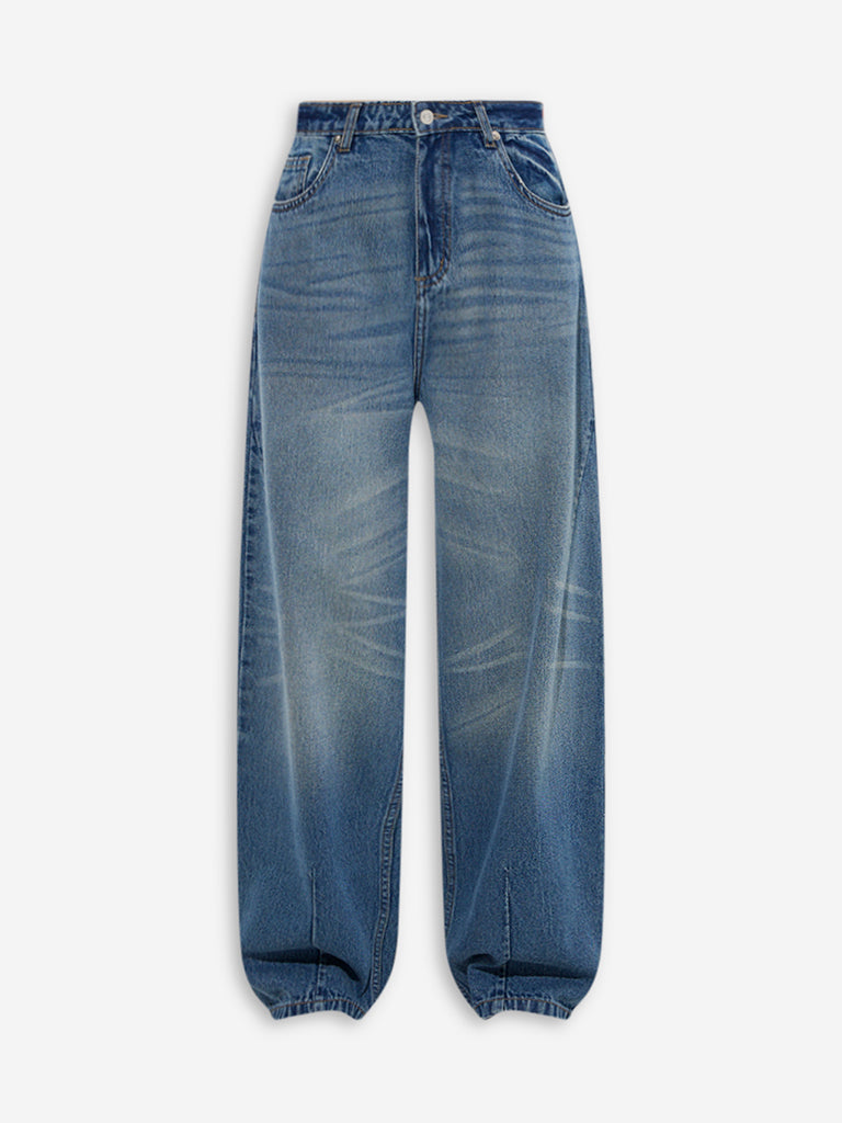 Westside Nuon Women's Blue Washed Relaxed-Fit High-Rise Jeans for Casual Wear Flatly View