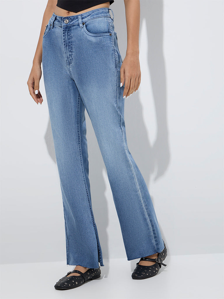 Westside Nuon Women's Blue Faded Relaxed-Fit High-Rise Jeans for Casual Wear Front View