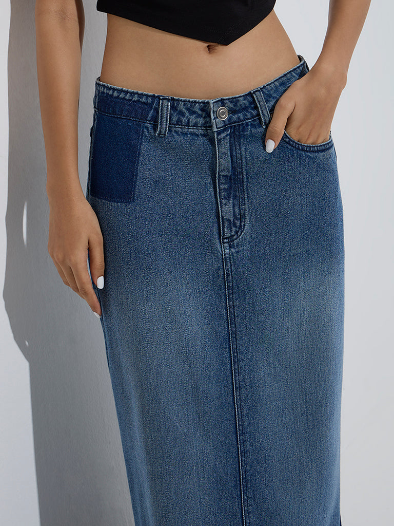 Westside Nuon Women's Blue Mid-Rise Denim Skirt for Casual Wear Zoom View