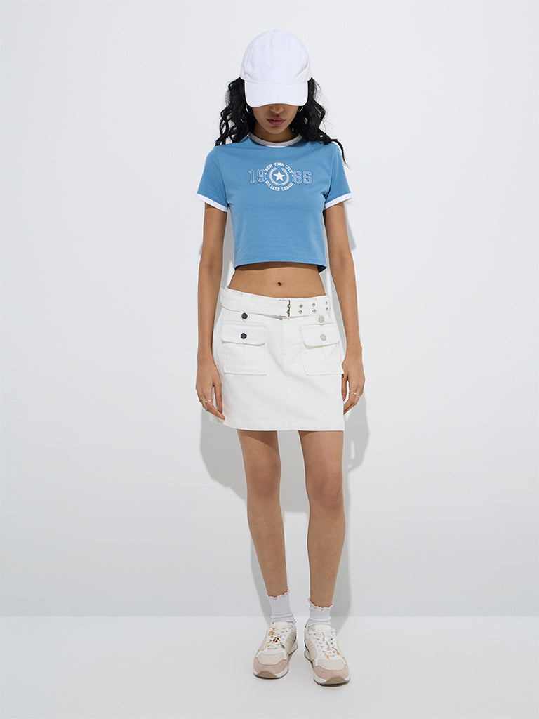 Westside Nuon Women's White High-Rise Denim Skort with Belt for Casual Wear Full Model View