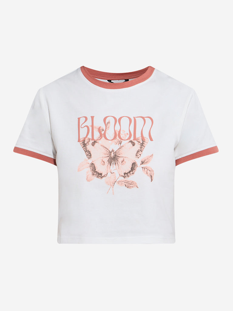 Westside Nuon Women's White Butterfly Design Cotton-Blend T-Shirt for Casual Wear Flatly View