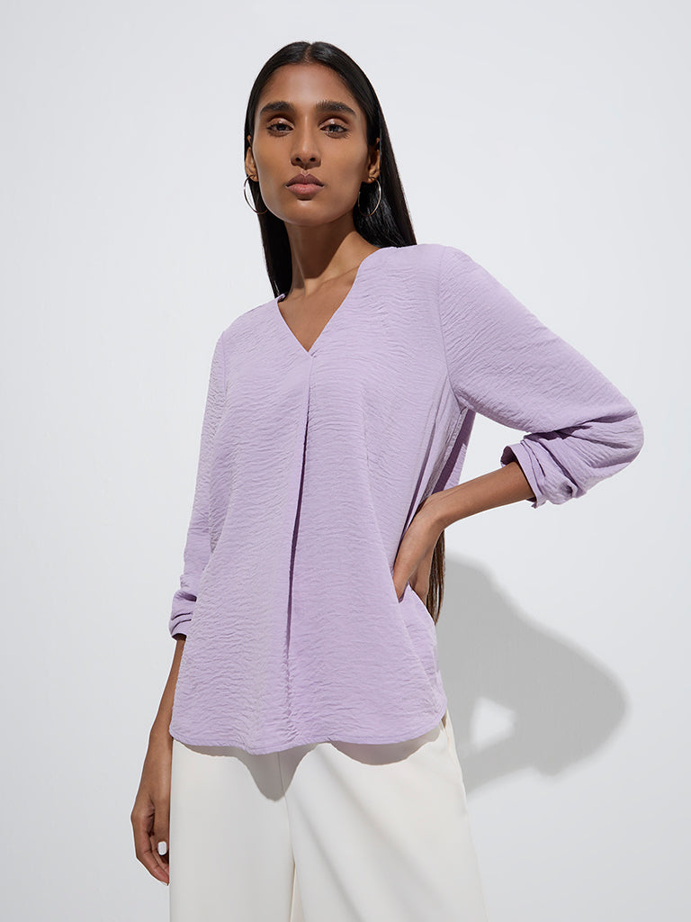Westside Wardrobe Women's Lilac Crinkle-Textured Blouse for Work Wear Front View