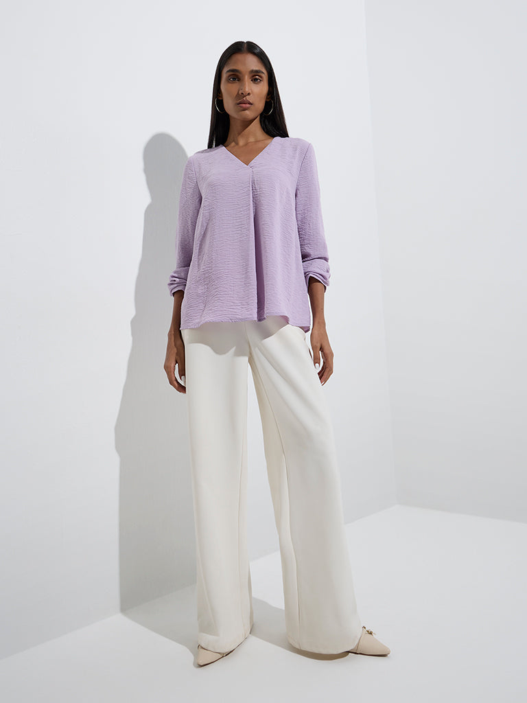 Westside Wardrobe Women's Lilac Crinkle-Textured Blouse for Work Wear Full Model View