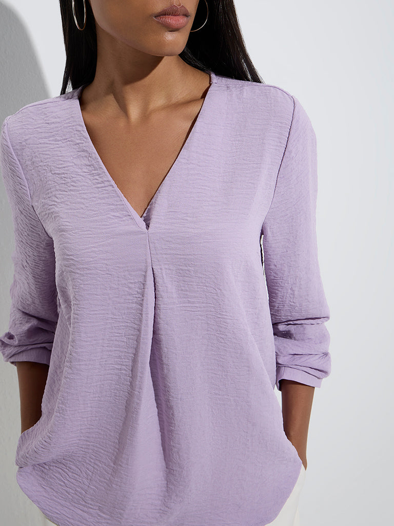 Westside Wardrobe Women's Lilac Crinkle-Textured Blouse for Work Wear Zoom View
