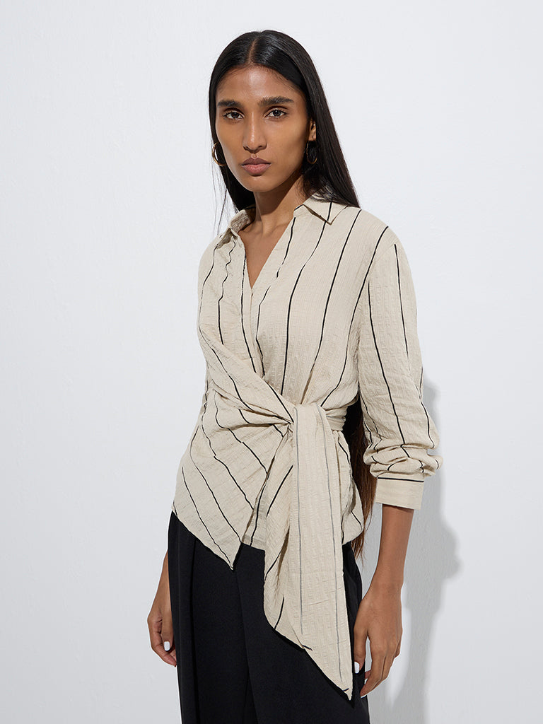 Westside Wardrobe Women's Beige Stripe Printed Textured Top for Work Wear Front View