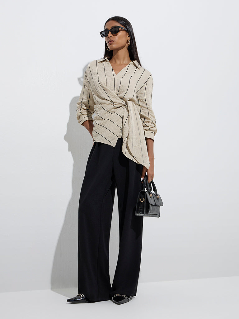 Westside Wardrobe Women's Beige Stripe Printed Textured Top for Work Wear Full Model View