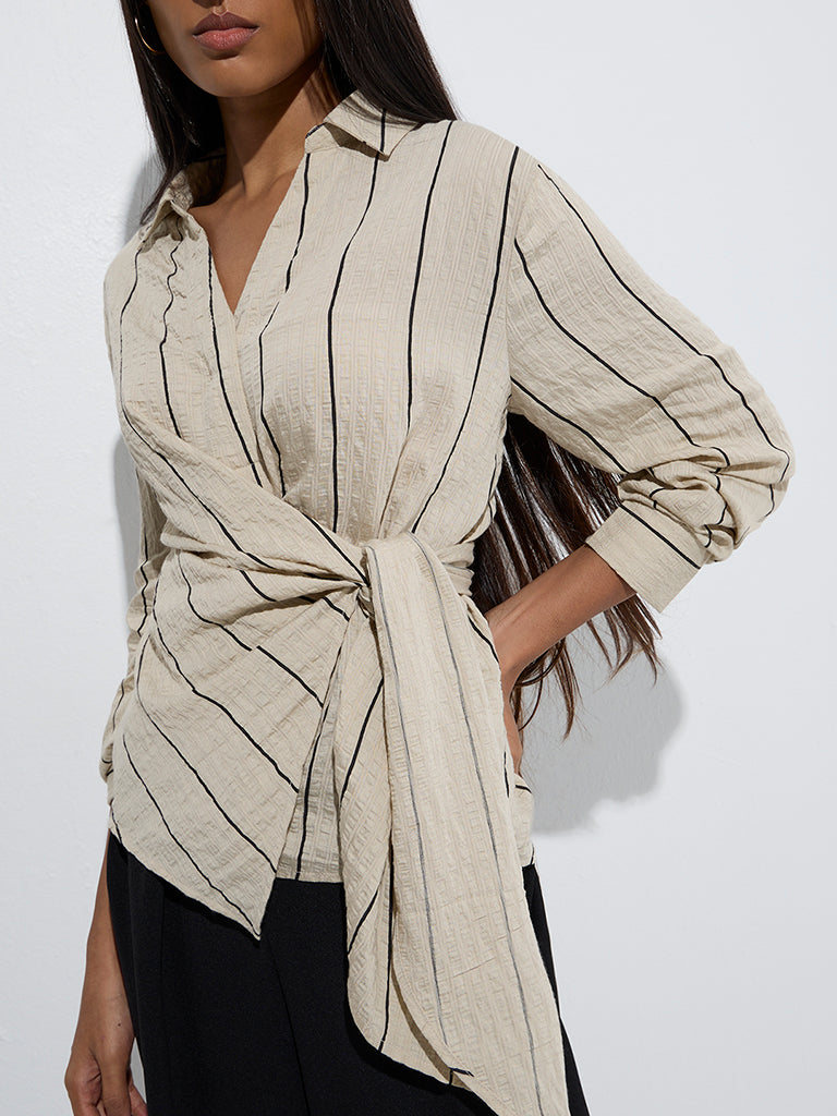 Westside Wardrobe Women's Beige Stripe Printed Textured Top for Work Wear Zoom View