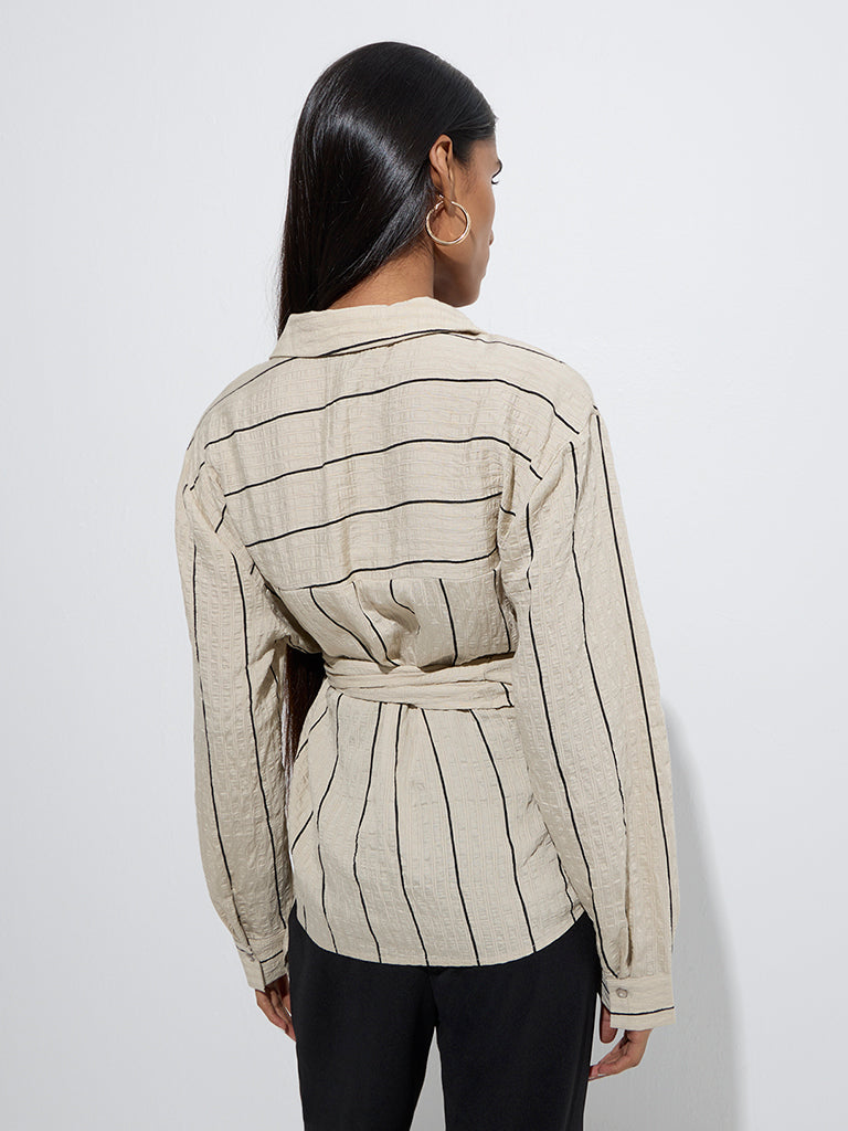 Westside Wardrobe Women's Beige Stripe Printed Textured Top for Work Wear Back View