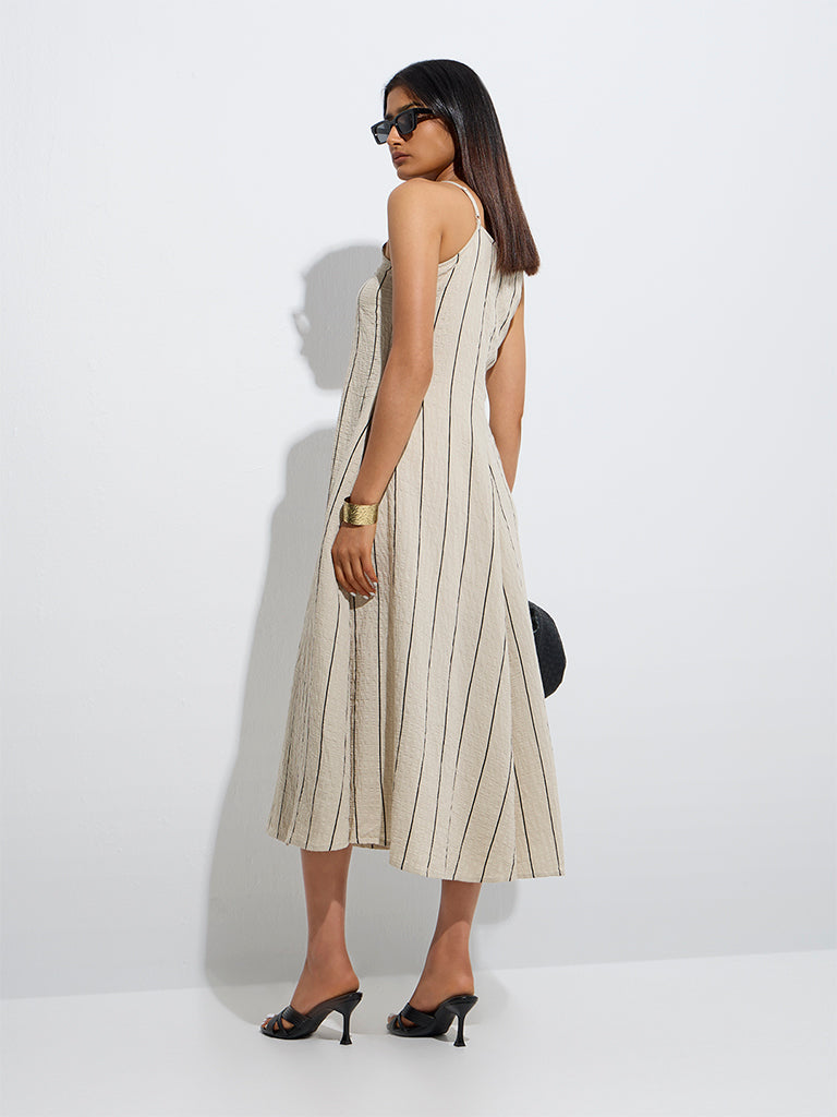 Westside Wardrobe Women's Beige Stripe Pattern A-Line Dress for Work Wear Back View
