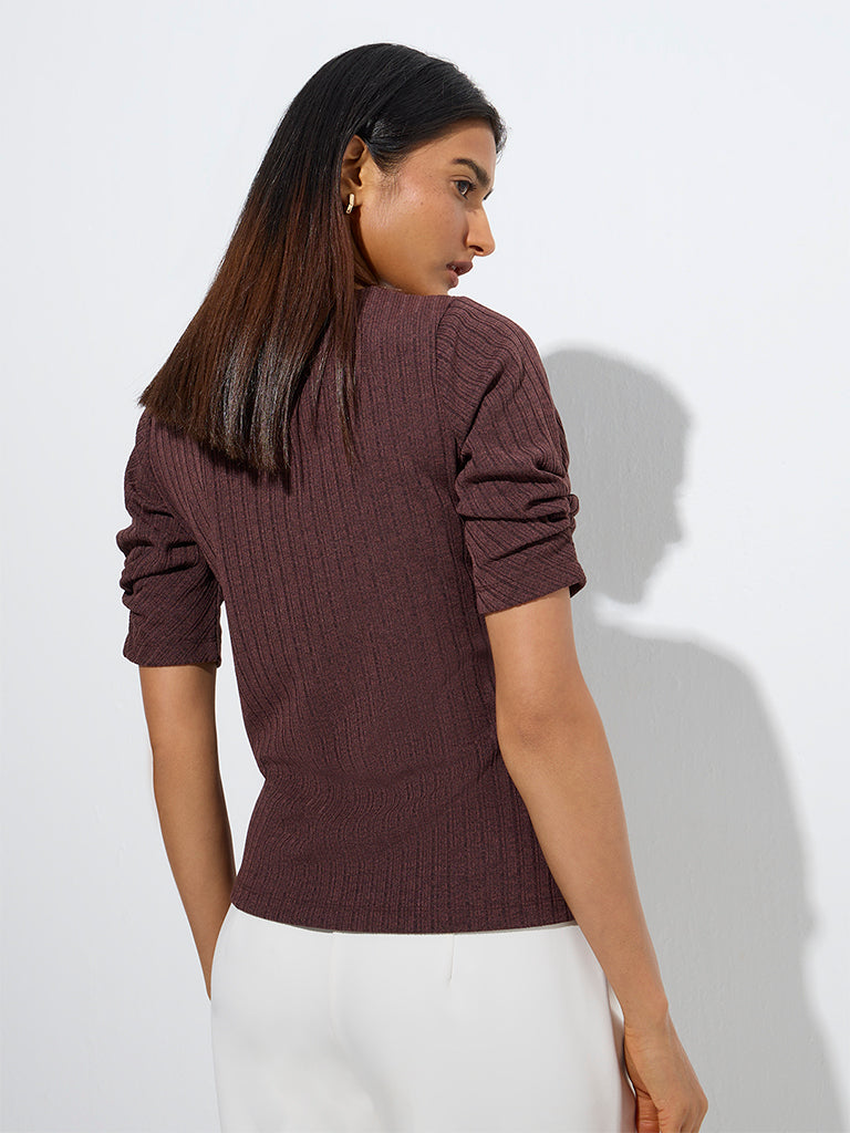 Westside Wardrobe Women's Brown Self-Striped Top for Work Wear Back View