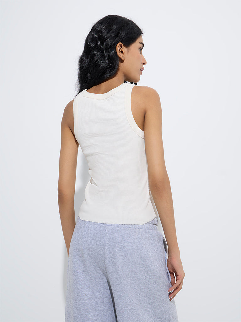 westisde Superstar Women's Off-White Ribbed Cotton-Blend Tank Top for Casual Wear Back View