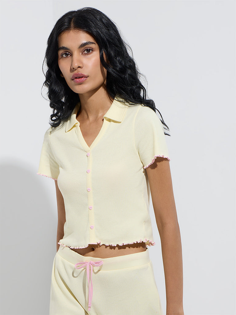 westisde Superstar Women's Yellow Ribbed-Textured Cotton-Blend Top for Casual Wear Front View