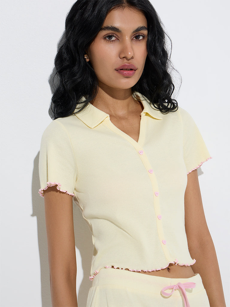 westisde Superstar Women's Yellow Ribbed-Textured Cotton-Blend Top for Casual Wear Zoom View