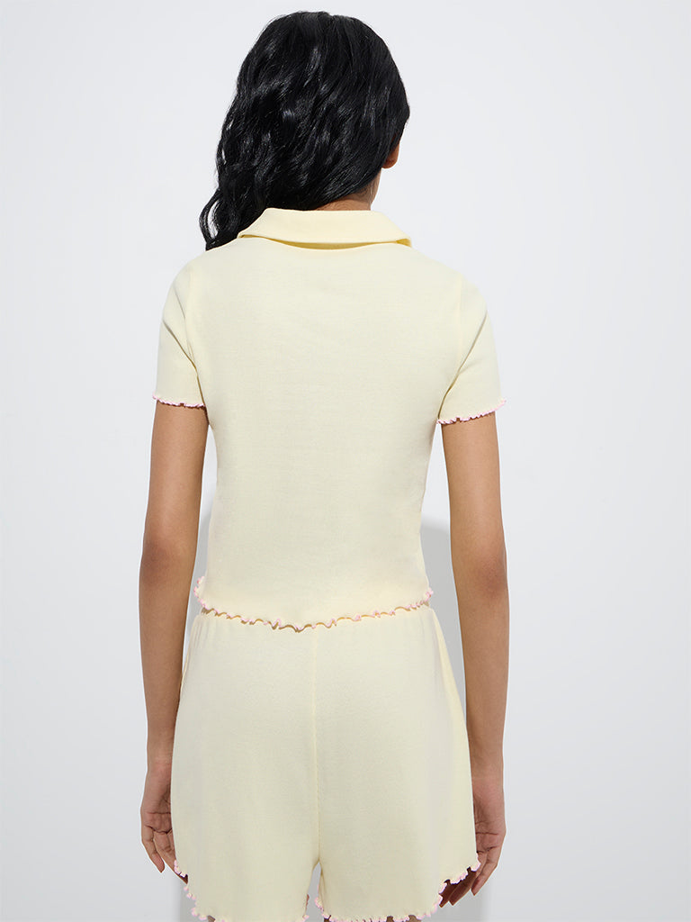 westisde Superstar Women's Yellow Ribbed-Textured Cotton-Blend Top for Casual Wear Back View