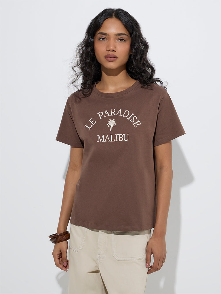 Westside LOV Women's Brown Typographic Cotton T-Shirt for Casual Wear Front View