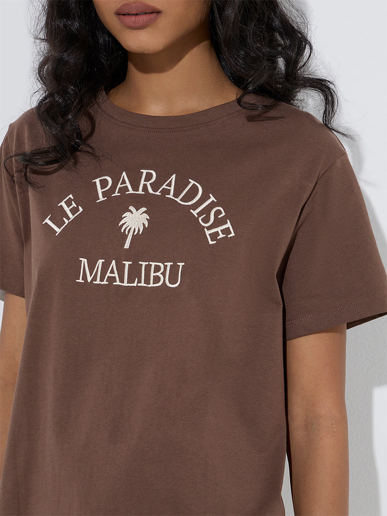 Westside LOV Women's Brown Typographic Cotton T-Shirt for Casual Wear Zoom View