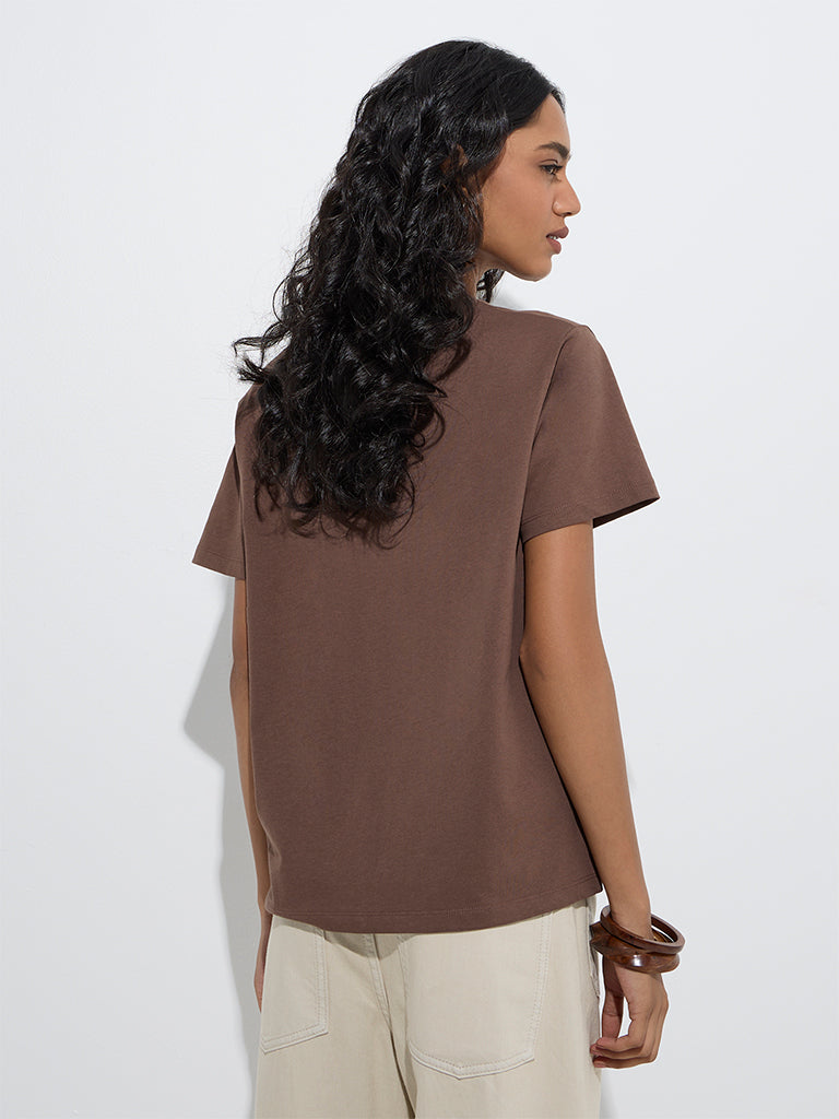 Westside LOV Women's Brown Typographic Cotton T-Shirt for Casual Wear Back View