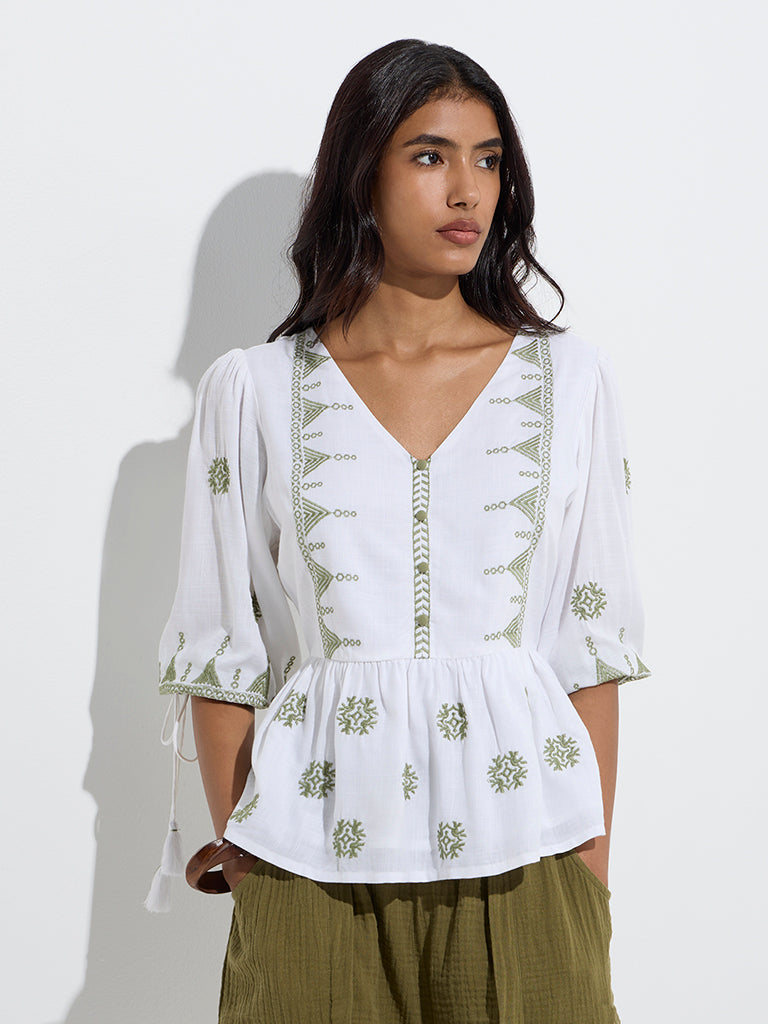 Westside LOV Women's White Embroidered Peplum Top for Casual Wear Front View